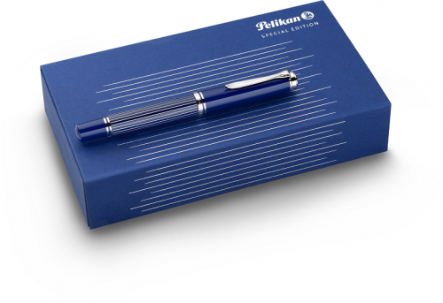 Stilou Souveran M815 Striped Blue F, penita aur 18k, accesorii placate cu paladiu, corp albastru/argintiu, Pelikan